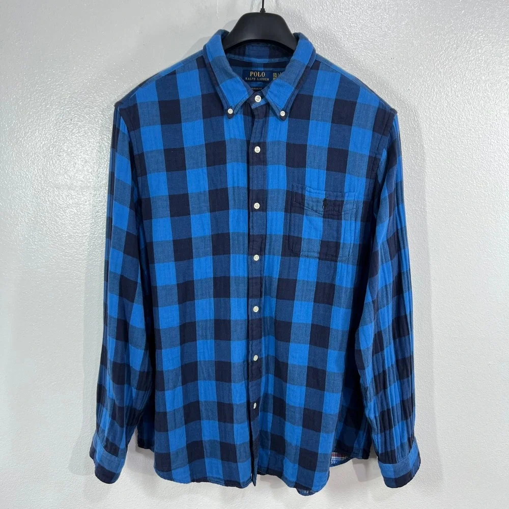 Polo Ralph‎ Lauren Double Faced Shirt XXL Checked Plaid Reversible Interior Blue